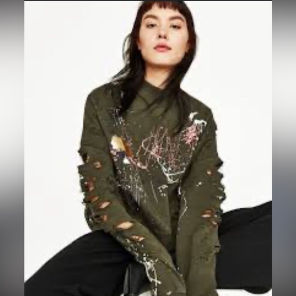 Zara Tops - Zara Sweatshirt High Neck Green Distressed Grafitti Splatter Paint - Small Women